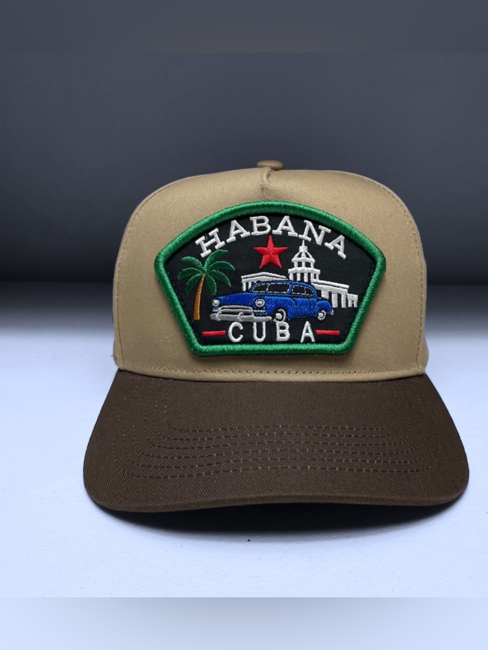 Habana Cuba Flag Embroidered Patch Snapback Baseball Hat Khaki & Brown